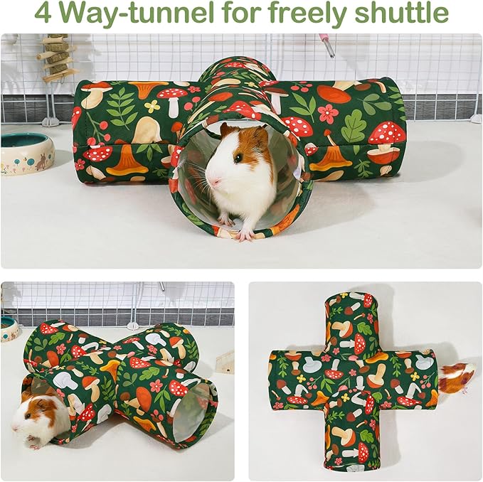 Bienbee Guinea Pig Tunnel, 4 Way Washable Guinea Pig Hideout,Foldable Rabbit Tunnel Guinea Pigs Toys for Bunny Hamster Chinchilla Ferret Rabbit Guinea Pigs Accessories Mushroom