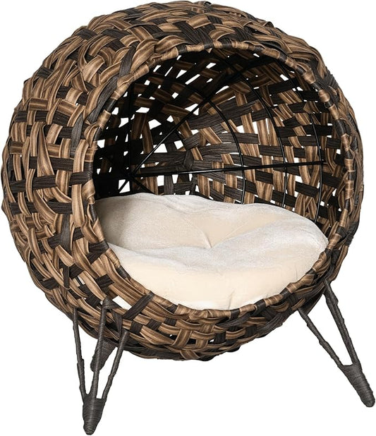 PawHut 20.5" Weaved Cat Bed, Elevated Hand-Woven Braided Banana Leaf Kitten House Condo with Cushion, Brown