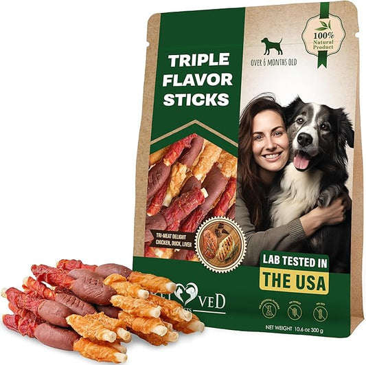 Dog Treats Rawhide Sticks Wrapped with Chicken 10.6 oz Pet Natural Chew Treats - Grain Free Meat & Human Grade Dried Snacks - Best for Small & Large Dogs (10.6 Ounce (Pack of 1), Triple Sticks)