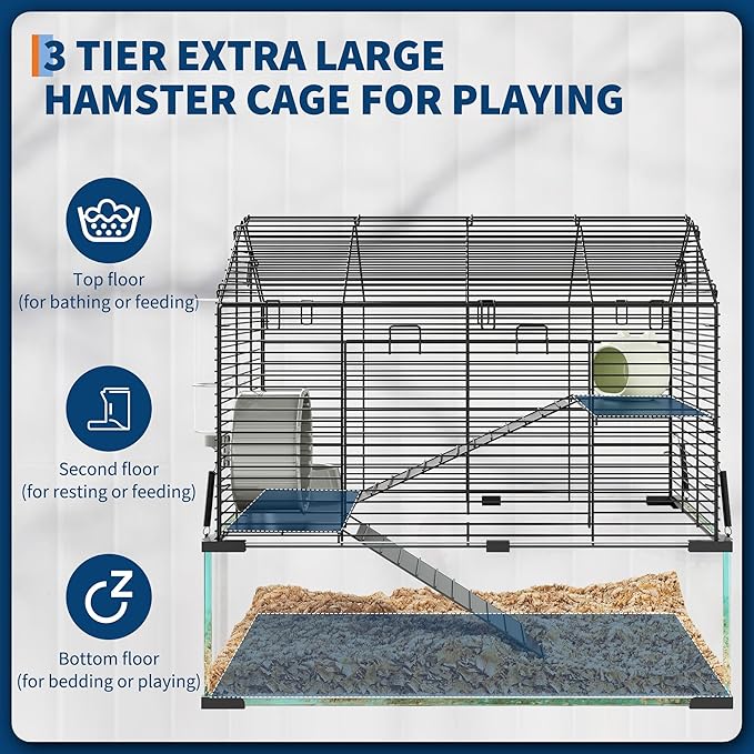 3 Tiers Large Hamster Cage - Metal Enclosure & Glass Mouse Cage with Ceramic Hideout, Running Wheel, Water Bottle & Feeding Bowl, Small Animal Habitat for Rodent Hamsters Rat Mouse Gerbil Mice