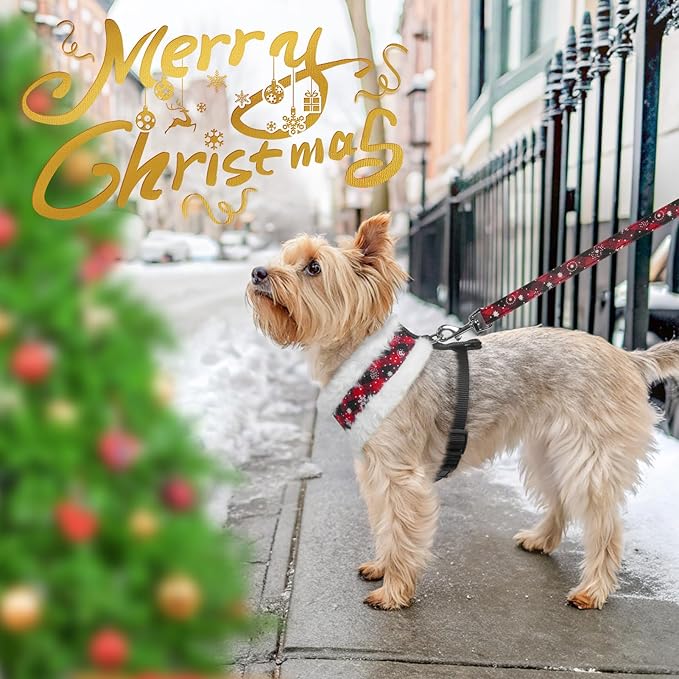 SCENEREAL Dog Christmas Harness Collar and Leash Set, Warm Fleece No Pull Puppy Vest Harnesses No Chock Adjustible Step in Small Pet Halter for Outdoor Walking Training, Black Red Plaid S