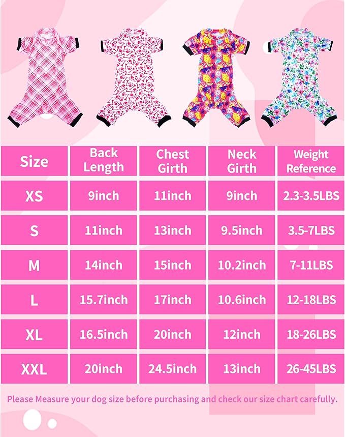 PET SHOW 4 Pack Small Dog Pajamas Cute Paw Bone Clothes for Medium Dogs Soft Stretchy PJs Plaid Jumpsuit Puppy Cats Floral Fruits Onesies Outfits with Sleeve Pets Dachshund Costume(L, Pink for Girls)