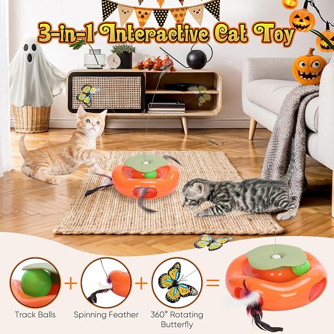 Interactive Cat Toy 3in1 Halloween Cat Toys Pumpkin Whack a Mole Cat Toy with Rotating Butterfly Cat Enrichment Battery Operated