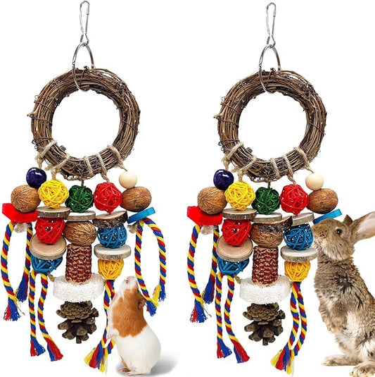 Bunny Chew Treats Toy for Teeth, 2PCS Rabbit Cage Hanging Chew Toys and Rattan Ring with Snack,Natural Material Chinchilla Treats Toys for Guinea Pig Gerbils Hamster Rat Teeth Grinding