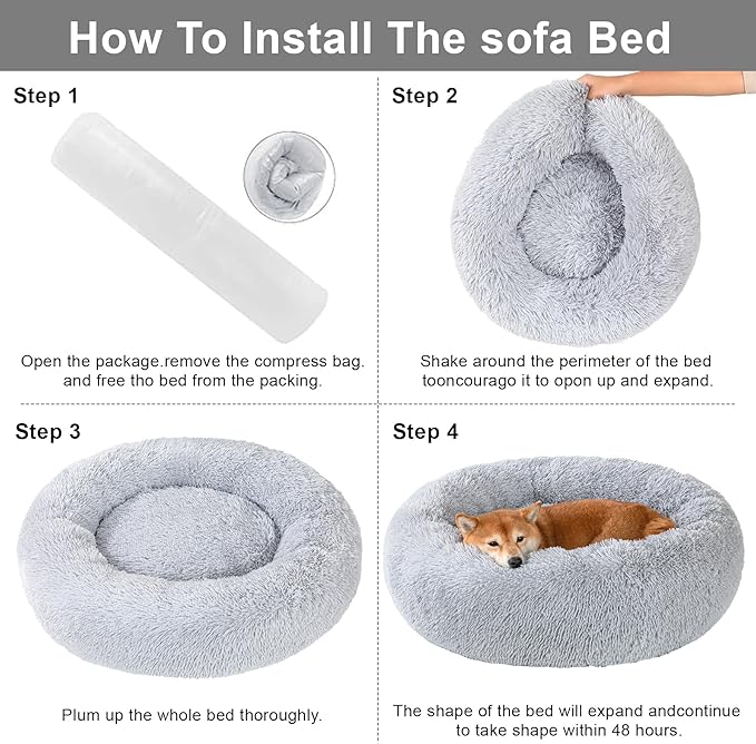 Dog Calming Beds for Small Medium Large Dogs - Round Donut Washable Puppy Dog Bed, Anti-Slip Faux Fur Fluffy Donut Cuddle Anxiety Cat Pet Bed(Light Grey 20")