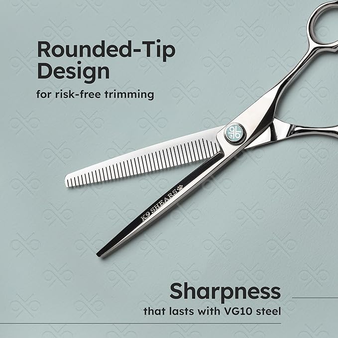 8” Dog Grooming Scissors – VG10 Japanese Steel Professional Pet Thinning Shears for Cats & Dogs | Clean Cut & Precise Trimming | Lightweight, Ergonomic, Handcrafted | Thinning Rate 50% | K9 Shears