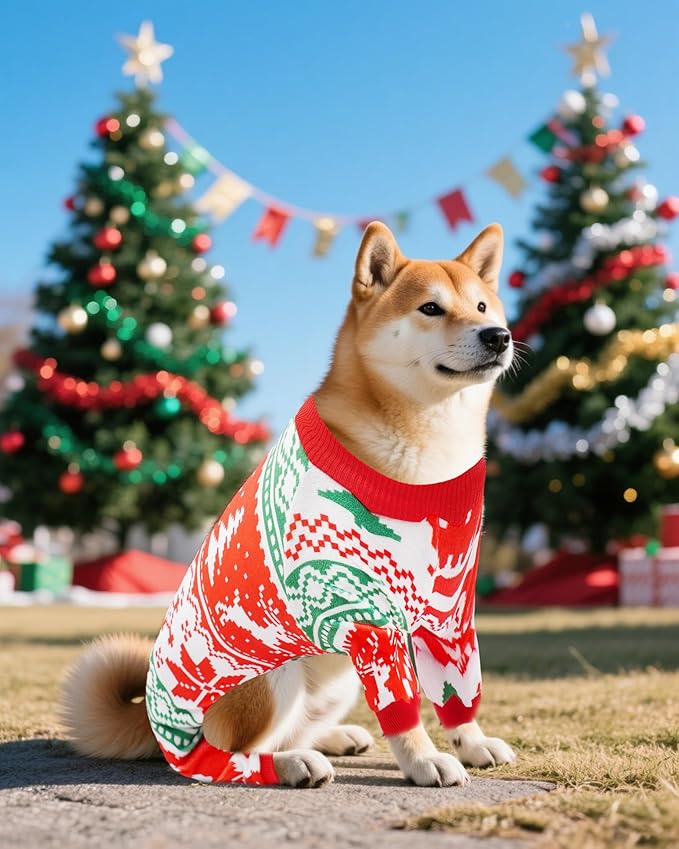 PET SHOW 4 Pack Christmas Small Dog Pajamas Holiday Dog Clothes for Medium Dogs Girl Boy Soft Stretchy PJs Xmas Jumpsuit Puppy Onesies Red Green Outfits with Sleeve Pets Dachshund Costume XL