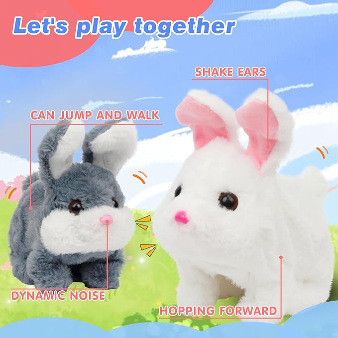 Hopearl Hopping Chubby Rabbit Interactive Electronic Pet Plush Bunny Toy with Sounds and Movements Animated Walking Wiggle Ears Twitch Nose Gifts for Toddlers Birthday, White, 7''