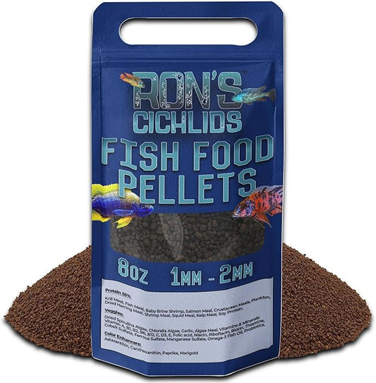 RON'S CICHLIDS African Cichlid Fish Food, Premium Tropical Fish Food Pellets with Protein, Veggies & Fruits for Healthier, Brighter & Bigger Tropical Fish & Cleaner Tanks, Juvie Blend, 8 OZ