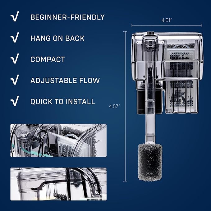 Mighty Aquarium Hang On Back Filter - Aquarium HOB Filter - Adjustable Fish Tank Filter - Aquarium Filters - Nano Aquarium Filter - Fish Aquarium Filter - Hang On Back Aquarium Filter (2-5 Gallons)