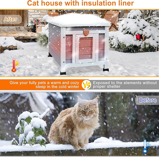 Weatherproof Cat House for Outdoor Cats in Winter, 100% All-Around Insulated Outdoor Cat Shelter with Warm Liner for Outside Feral Cat,Puppy,Rabbit and Small Pets-Grey with Warm Liner