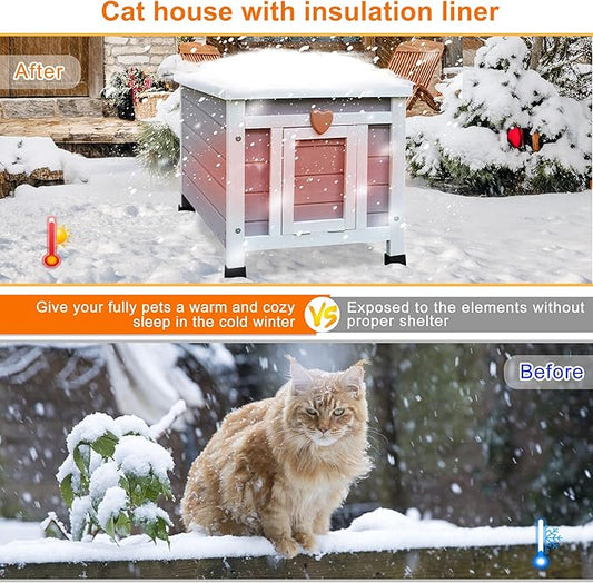 Weatherproof Cat House for Outdoor Cats in Winter, 100% All-Around Insulated Outdoor Cat Shelter with Warm Liner for Outside Feral Cat,Puppy,Rabbit and Small Pets-Grey with Warm Liner