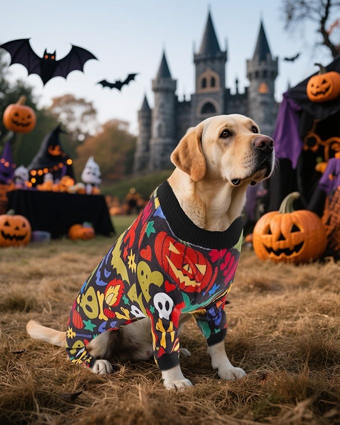 PET SHOW 4 Pack Halloween Dog Pajamas for Medium Dogs Onesie Soft Pumpkin Ghost Soft Fleece Stretchy Jumpsuit Costume Boy Girl Pets PJs with Sleeve Clothes(XXL)