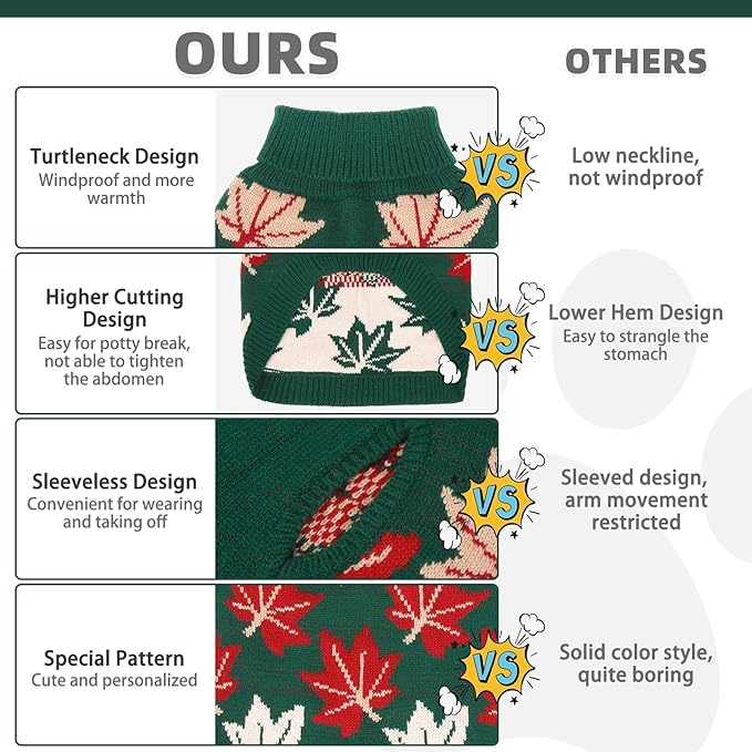 KOOLTAIL Fall Dog Sweater, Thanksgiving Dog Sweater with Autumn Maple Leaf Pattern, Cold Weather Pet Knitted Winter Coats Clothes Turtleneck Pullover for Small Medium Large Dogs Cat Boy Girl, Green XL
