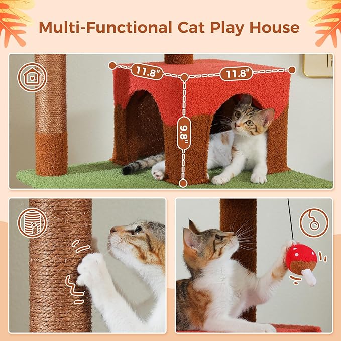 PETEPELA 56.3 Inches Mushroom Cat Tree Tower with Cute Mushroom Cat Scratching Board, Cat Condo, Extra Large Hammock and Plush Perches, Brown