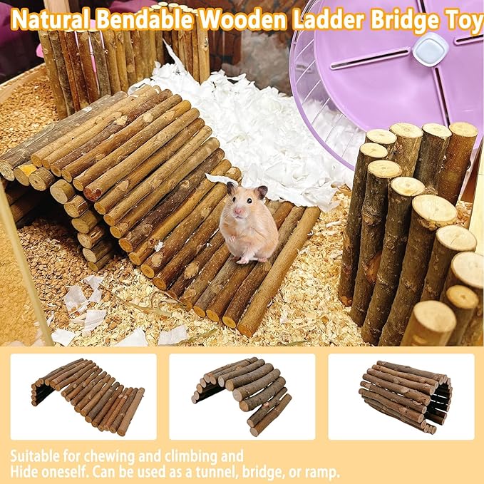 kathson 4PCS Hamster Wooden Bridge Toys,11.02" L x 6.09" W Large Climbing Toy,Rat Ladder,Small Animal Chew Toys,Wood Hideout Tunnel for Chinchillas Guinea Pig Gerbils Ferret Syrian Hamster Squirrel