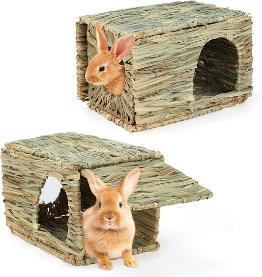 BWOGUE 2 Pack Grass Bunny House Natural Hand Woven Seagrass Hideaway Toy Hay Mat Chew Hut for Bunny Hamster Chinchilla Guinea Pigs Small Animals
