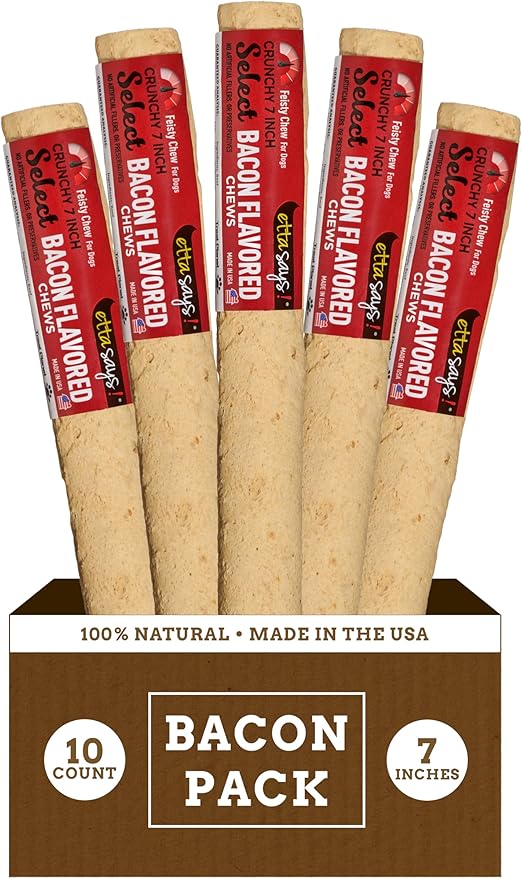 etta says! 7" Select Crunchy Dog Chews - Rawhide-Free Dog Treats - Made in The USA - Odor-Free, All-Natural Ingredients - for Moderate Chewers - Bacon - 10 Pack