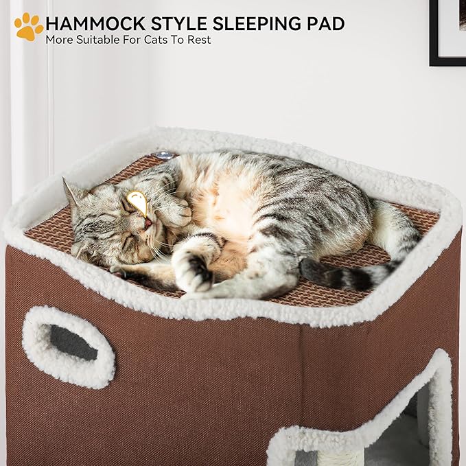YITAHOME 2-Tier Cat House, Indoor Cat Cave Bed Playhouse, Flannel & Cool Mat, Covered Cat Beds with Scratch Pad and Hideaway Cave, Cute Modern Cat Condo Furniture for Multi Small Cats, Brown