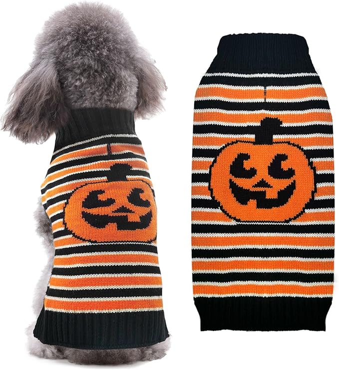 BAEJMJK Cute Halloween Dog Sweater Soft Striped Pumpkin Puppy Sweaters with Leash Hole Warm Turtleneck Pet Dog Clothes Costume for Small Medium Large Dogs Cats(X-Small)