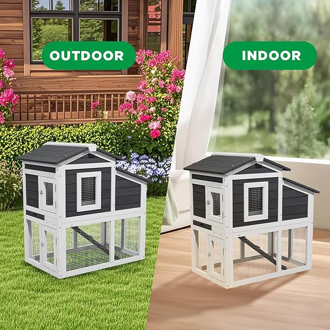 2-Story Rabbit Hutch Indoor, Wooden Furniture Style Bunny Cage with Run for Rabbits Guinea Pigs, Removable Tray & Openable Roof