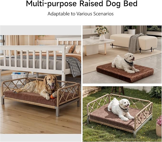 Dog Bed with Cushion, Cooling Elevated Raised Beds with Rattan Breathable Mesh and Universal Mat, Indoor & Outdoor Pet Cots for Small Dog, Brown
