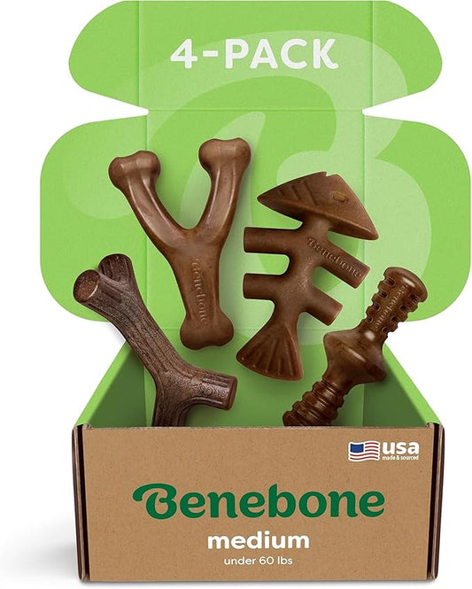 Benebone Medium 4-Pack Dog Chew Toys for Aggressive Chewers, Made in USA, 60lbs and Under