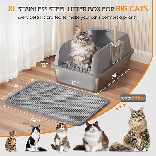 Stainless Steel Cat Litter Box with Lid, Cat Metal Litter Box with High Sides, 24"L x 16"W x 12"H, Extra Large Enclosed Litter Pan, Grey, 2PC (Non-Sticky, Easy to Clean, Anti-Urine Leakage)