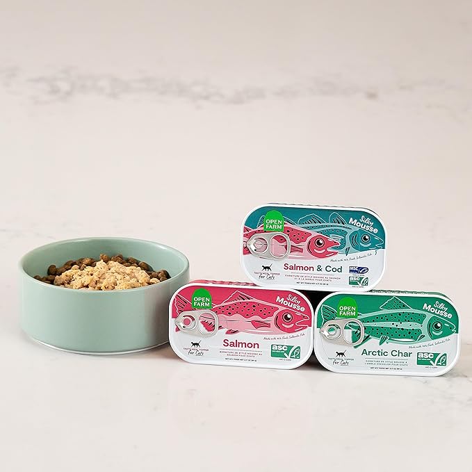 Open Farm, Canned Cat Food Topper, Silky Mousse Made with 95% Responsibly Sourced Icelandic Fish, Grain & Legume Free, Salmon Recipe, 3.17oz Cans (Pack of 17)