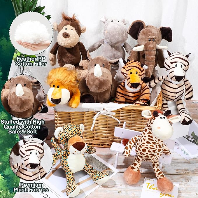 30 Pcs Safari Forest Stuffed Animals Plush Jungle Themed Animals Toys Gift Elephant Giraffe Lion Tiger Monkey Rhinoceros Zebra Tiger Leopard Hippo for Baby Shower Party Favors Decoration