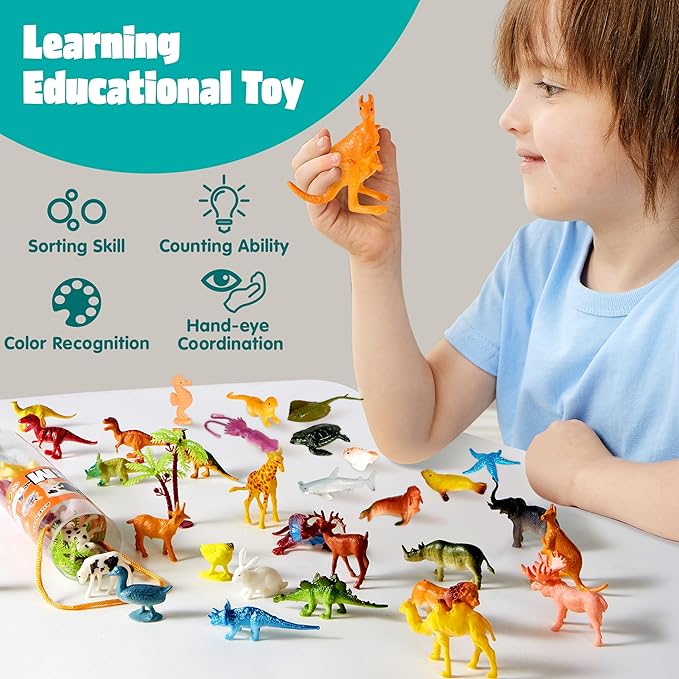 JOYIN 69 Pcs Small Animal Figures, Mini Jungle Toy Set with Sensory Bin, Realistic Wild Forest Playset, Zoo, Ocean, Farm Animals Figurines, Dinosaur Party Favors, Gifts for Boys and Girls, Kids 3-5