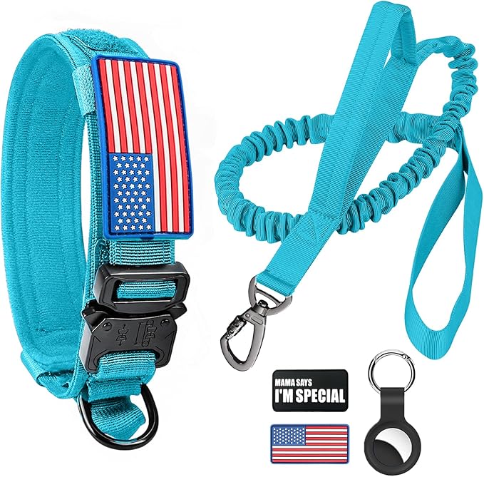 Tactical Dog Collar and Bungee Leash,Military Dog Collar & Leash Set with USA American Flag Adjustable K9 Collar with Heavy Duty Metal Buckle & Handle,with Patches and Airtags Case (Light Blue, M)