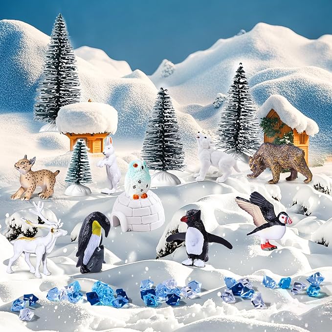 SIENON 60Pcs Arctic Animal Toy Set Includes 23Pcs Mini Polar Animals with Polar Bear, Penguin, Caribou, Puffin, Lynx, 1pc Igloo, 4Pcs Pine Trees, 32Pcs Fake Ice Rocks for School Project Cake Toppers