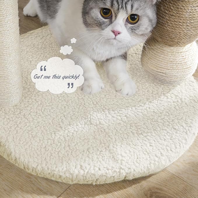 YOCAN Small Cat Tree Tower Indoor with Large Cozy Plush Top Perch, Natural Sisal Scratching Posts, Interactive Dangling Ball Great for Kittens and Cats (White)
