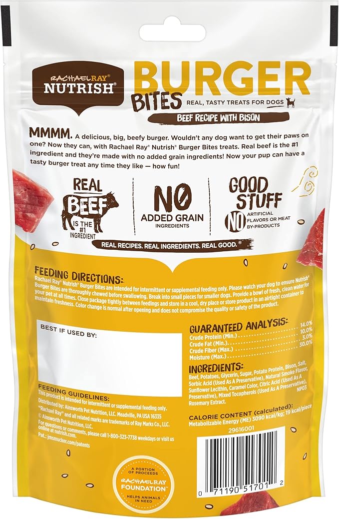 Rachael Ray Nutrish Burger Bites Dog Treats, Beef Recipe With Bison, 5 oz. Pouch, 5 Count