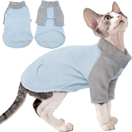 PUMYPOREITY Turtleneck Sweater for Sphynx Cat, Soft Coral Fleece Cat Clothes, Thick Winter Warm Outfit Coat with Sleeves, S, Blue