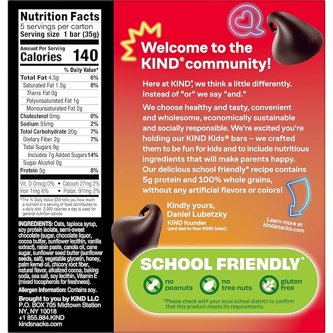 KIND Kids Snacks, Chocolate Chip Bar, Tree Nut and Peanut Free, Gluten Free, Whole Grains and Oats, 5g Protein, 5 Count
