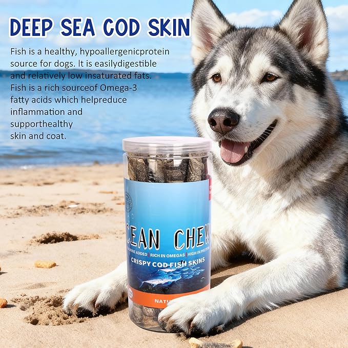 Natural Cod Skins for Dogs - Single Ingredient Dog Treats, Grain Free & Hypoallergenic - Dental Chews for Teeth Cleaning & Fresh Breath - Rich in Omega-3 for Skin & Coat Health(Long Cigar 1 ib)