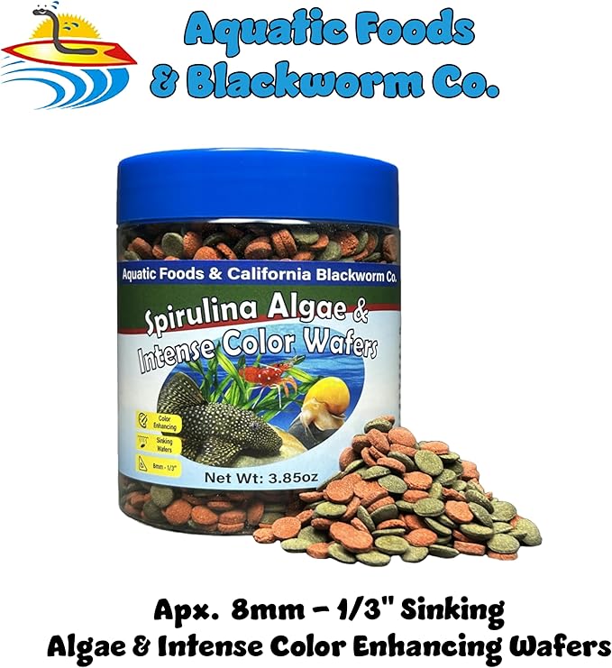 Aquatic Foods Inc. 8mm - 1/3" Small Sinking Wafers of Spirulina, Algae & Color Enhancing Wafers for Bottom Fish, Shrimp, Snails & Tropicals 4-Type Wafer & 12-Type Pellet Mix Included..6oz Canister