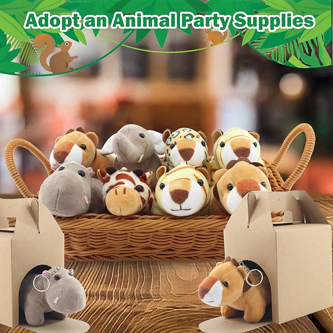 38 Pcs Mini Safari Plush Animals Set Forest Stuffed Toys Adopt a Pet Party Favors Jungle Party Favors Includes 12pc Dolls,2pc Box,12pc Cards,1pc Basket,1pc Blackboard
