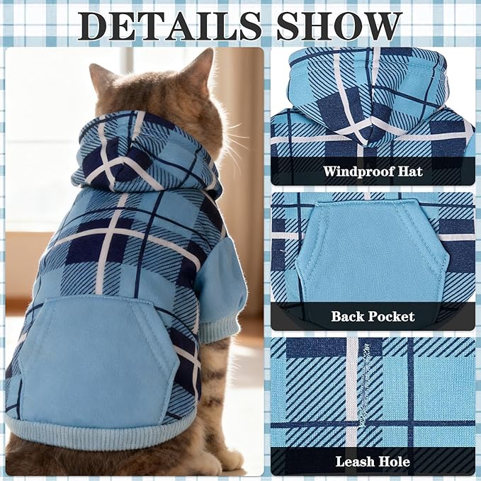 EXPAWLORER Plaid Cat Hoodie - British Style Warm Cat Sweater Shirt with Leash Hole,Pet Clothes Outfits,Winter Coat Apparel for Puppy Cats Girl Boy-Kitten Apparel,Blue S