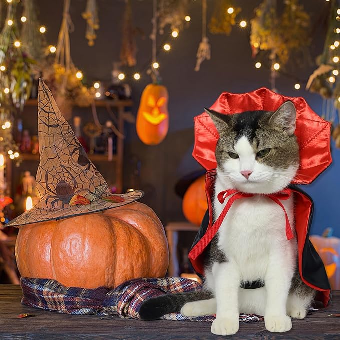 ROSAUI Halloween Pet Vampire Cape – Adjustable Red & Black Costume for Cats & Small Dogs 15.74″ Spooky Cloak with Stand-Up Collar Funny Halloween Pet Outfit (S Size)