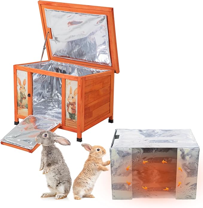 COZIWOW 24inches Insulated Cat House Outdoor Heated Indoor Small Animal House,Rabbit Cage Outdoor,Suitable for Small Cats, Rabbits, with Warm Liner for Winter(Orange with Warm)