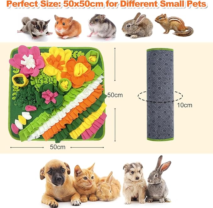 Adpartner Rabbit Foraging Mat, 20"x20" Pet Snuffle Mat Interactive Snuffle Feeding Toy for Rabbits Guinea Pigs Chinchillas, Washable Pet Feed Game Bunny Toys to Stimulate Natural Foraging Skills