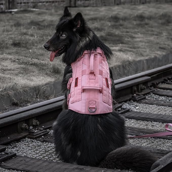OneTigris Large Tactical Dog Harness, No Pulling Adjustable Dog Vest Harness, Heavy Duty Dog Harness with Handle, Large Hook and Loop Panels for Patch(Pink,L