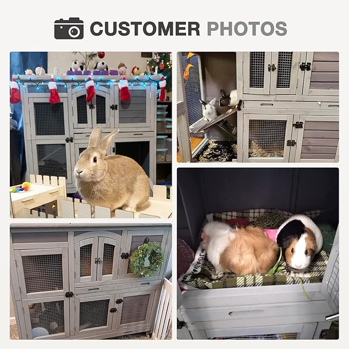 Two-Story Rabbit Hutch with Wheels Guinea Pig Cage Indoor Outdoor Bunny Cage with 2 Deep Leakproof Tray