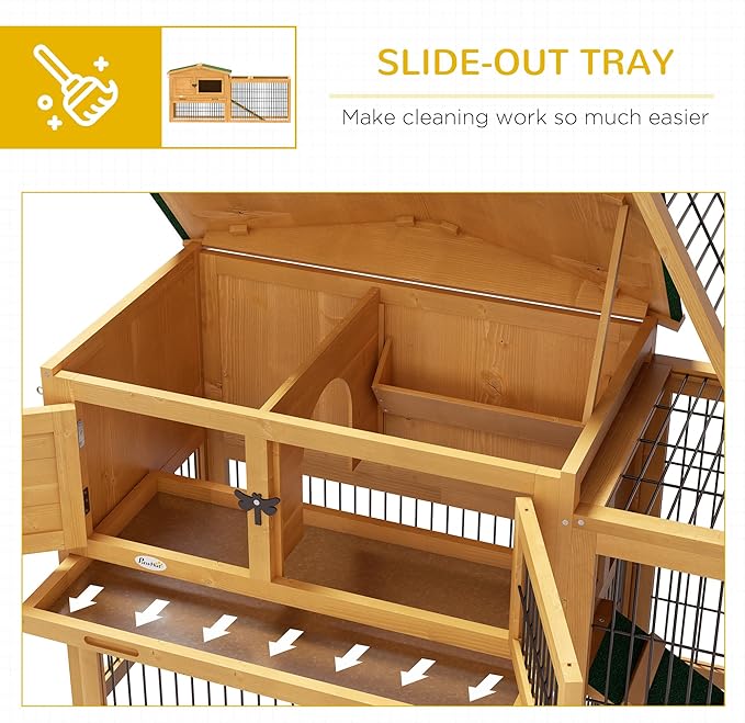 PawHut Rabbit Hutch, 2 Story Outdoor Bunny Cage with Slide-Out Tray, Run Cage, Openable Top for Rabbits, Guinea Pig, Yellow