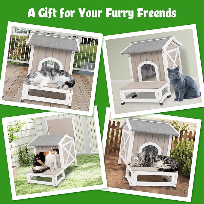 Outdoor Cat House Weatherproof Cats Shelter for Feral Kitten Pet Houses for 1-2 Small Animlas 2 Story Wooden Houses for Indoor Outdoor Cats with Escape Doors (30" L Small Cat House)
