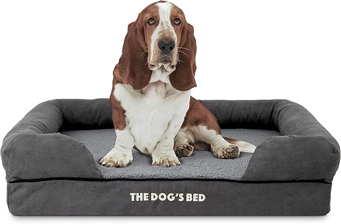 The Dog’s Bed, Large Grey Plush Memory Foam, Pain Relief: Arthritis, Hip & Elbow Dysplasia, Post Surgery, Lameness, Supportive, Calming, Waterproof Washable Cover, Veterinary Approved