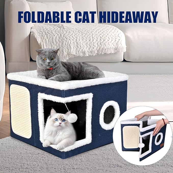 Cat Beds for Indoor Cats - Foldable Cat Hideaway with Hanging Fluffy Ball and Scratch Pad, Large Cat Bed Cave with Reversible Cushion for Multi Small Pet Kitten, Blue